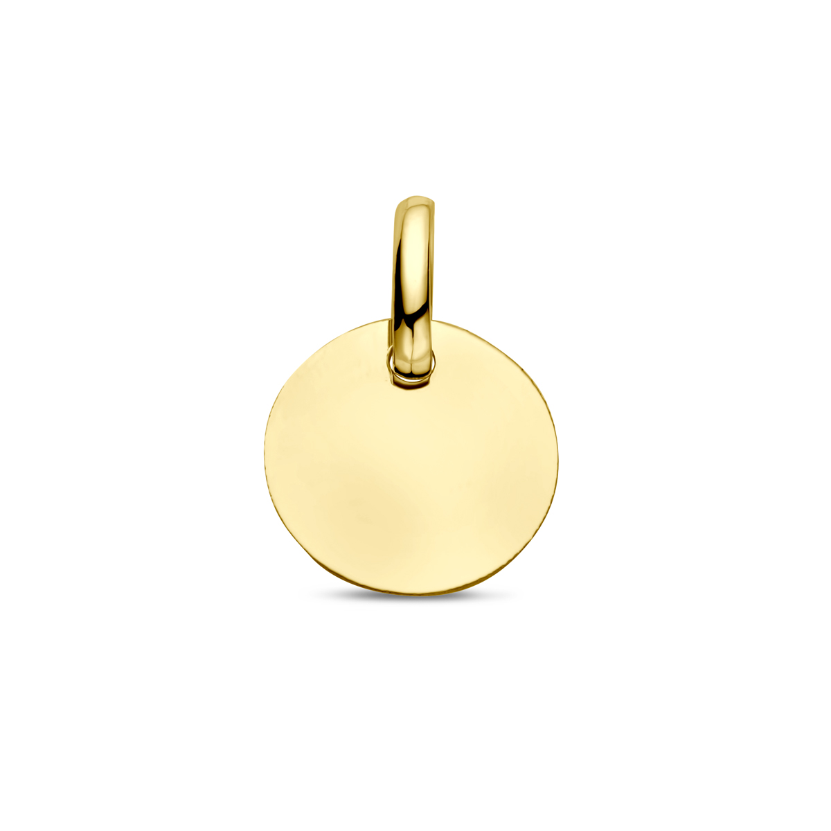 14k Geelgouden graveerhanger met een stevig hangoog. De totale hoogte van de graveerhanger is 1.5cm. Het rondje heeft een afmeting van 10mm en een dikte van 0.5mm.