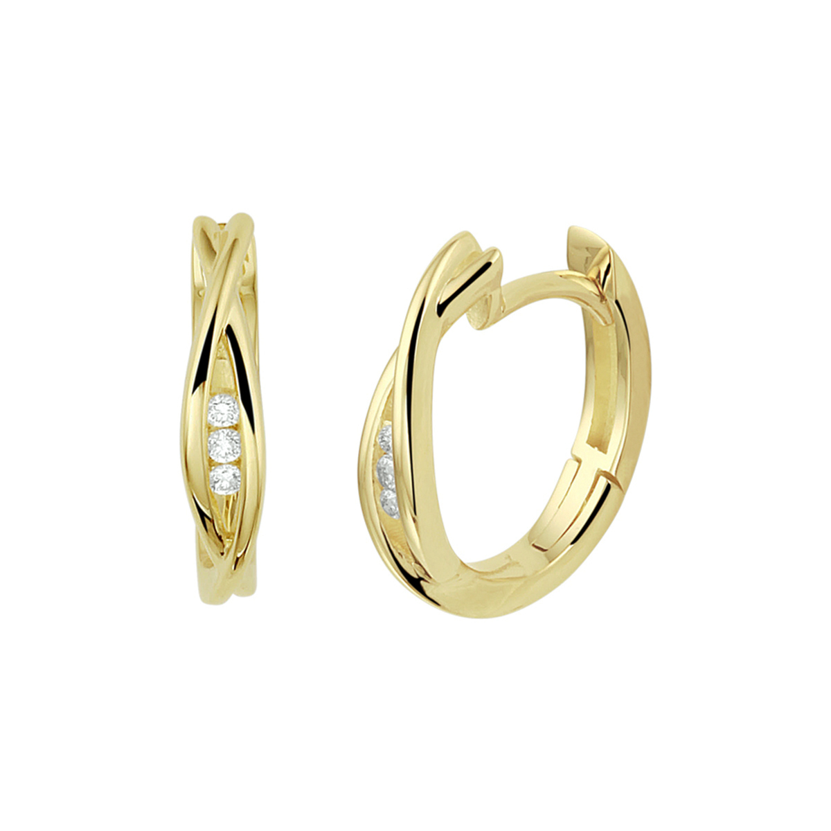 14k Geelgouden klapoorringen uitgevoerd met een schitterende diamant rij. De oorringen hebben een afmeting van 15.5x3mm.