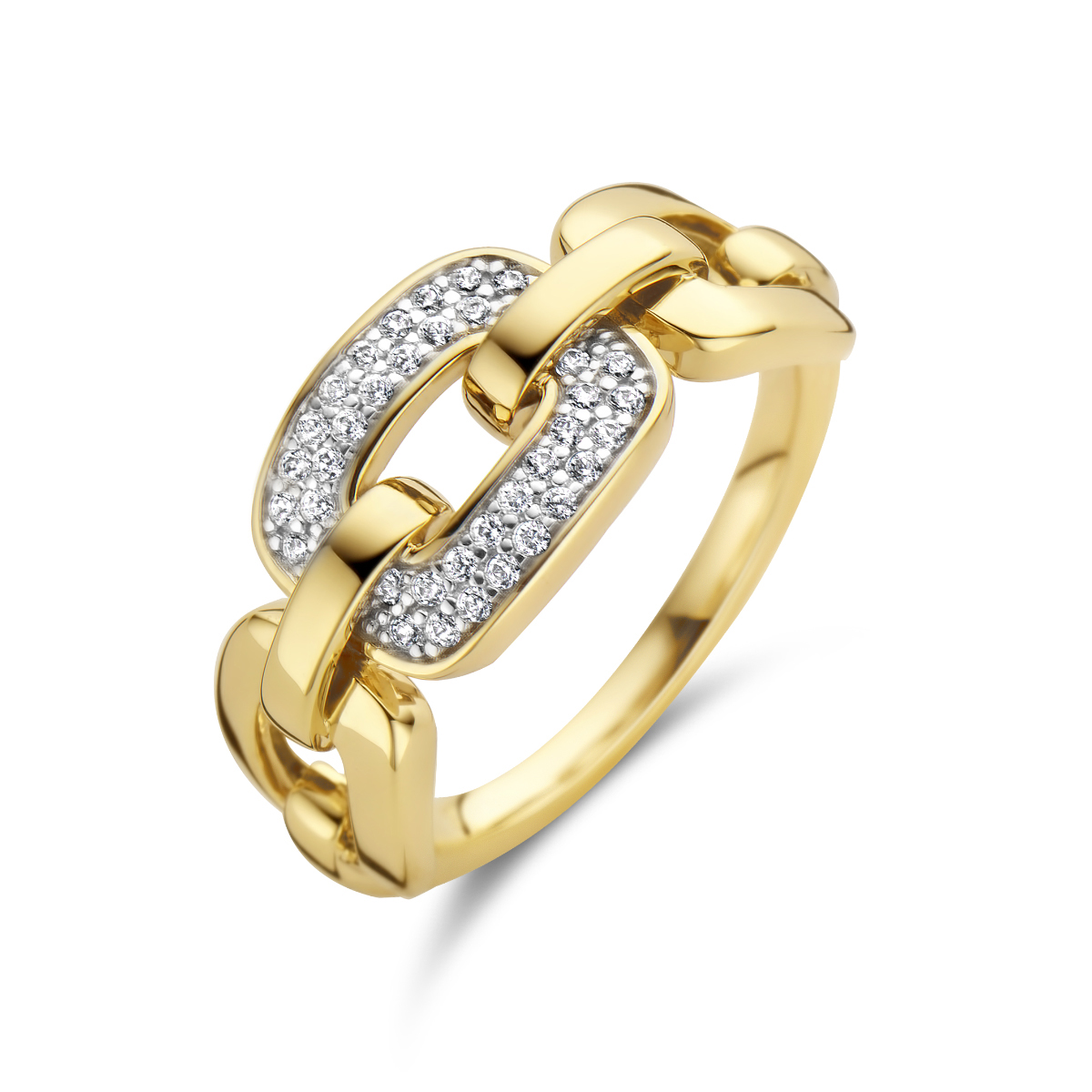 14 Karaat geelgouden schakel ring uitgevoerd met 0.16 crt H/SI briljant.