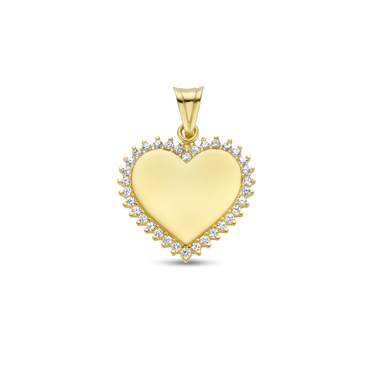 14k Geelgouden hanger in de vorm van een hart uitgevoerd met schitterende zirkonia. Het hart heeft een afmeting van 15x15.5mm.