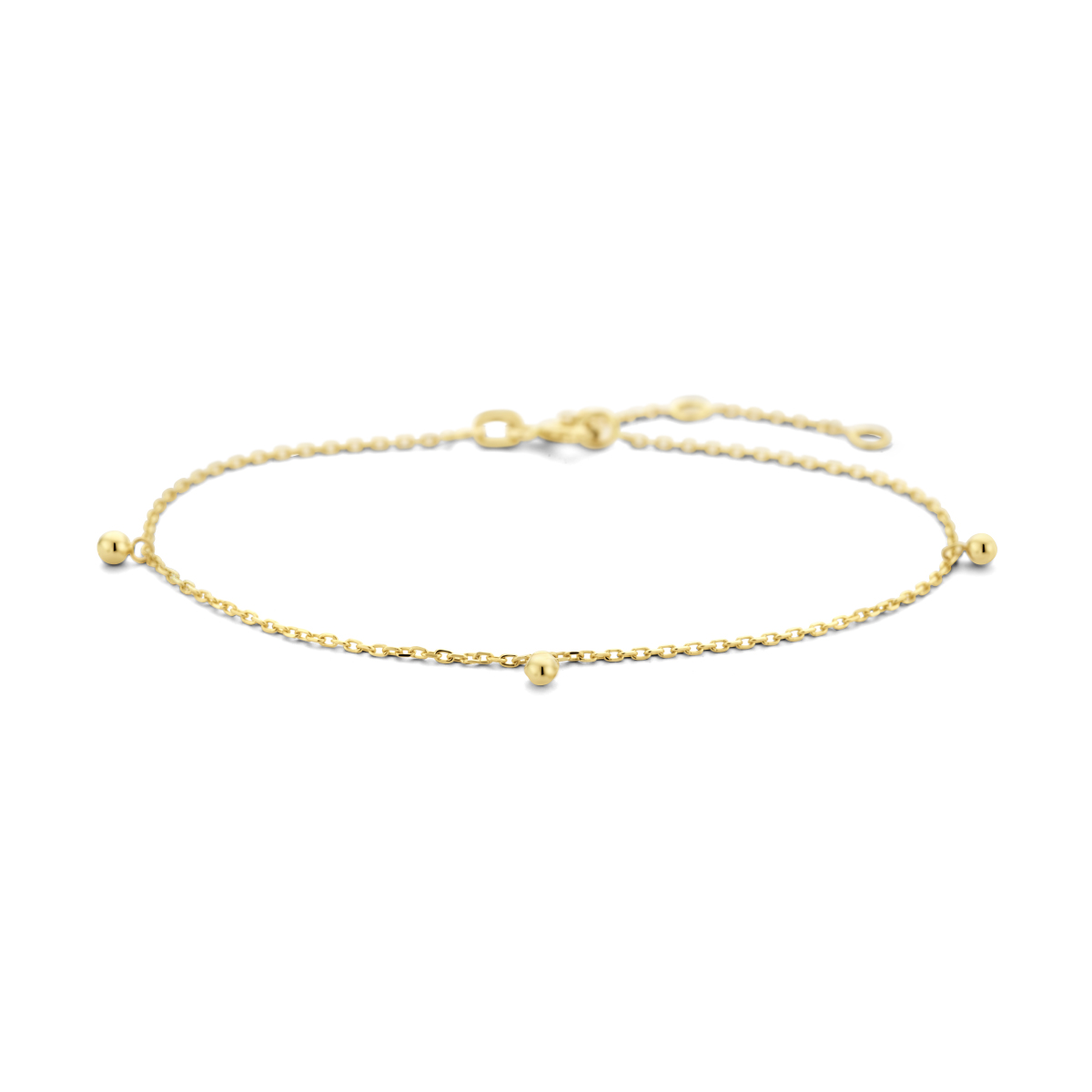 14k Geelgouden armband uitgevoerd met bolletjes van 2.5mm. De armband heeft een schakelbreedte van 1mm. De draaglengtes zijn 16, 17.5 en 19cm.