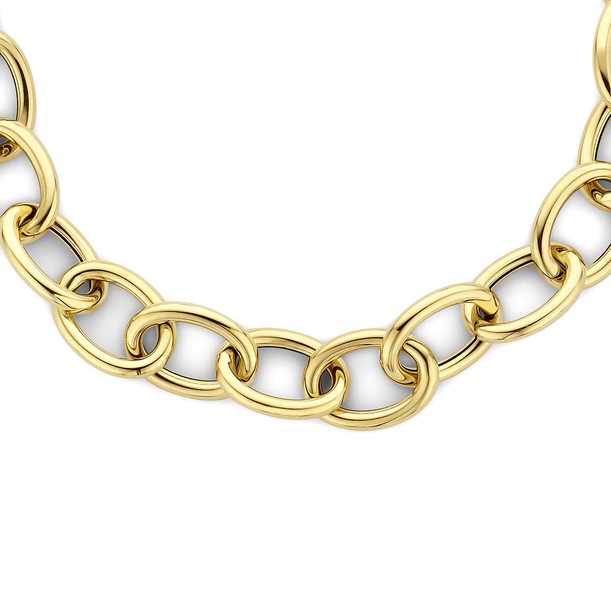 14k Geelgouden collier met een schakelbreedte van 10mm. Het collier heeft een draaglengte van 45cm en is uitgevoerd met een karabijnsluiting.