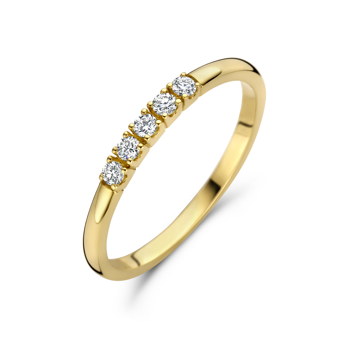 14k Geelgouden ring uitgevoerd met een diamant rij. De ring heeft een breedte van 2mm.