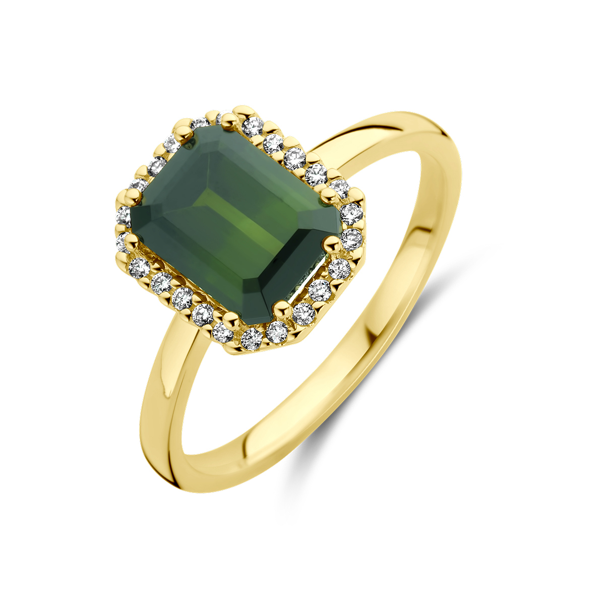 14 Karaat geelgouden ring uitgevoerd met toermalijn en 0.10 caraat diamant H/SI. De ring heeft een breedte van 10.5mm.