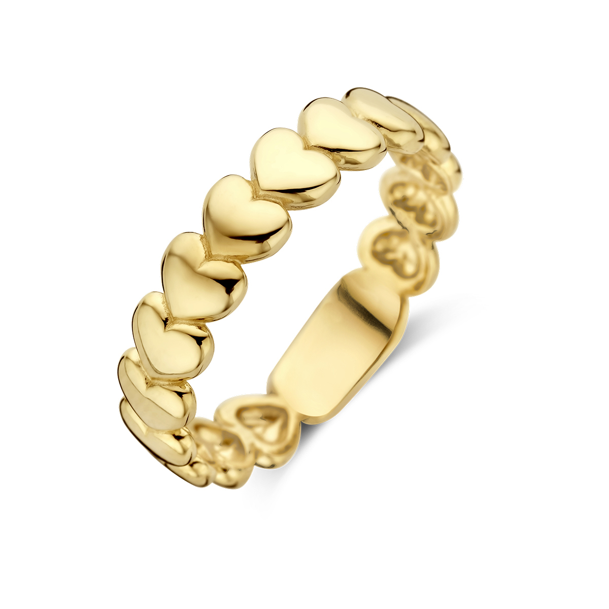14k Geelgouden ring uitgevoerd met hartjes. De ring heeft een breedte van 4,5mm.