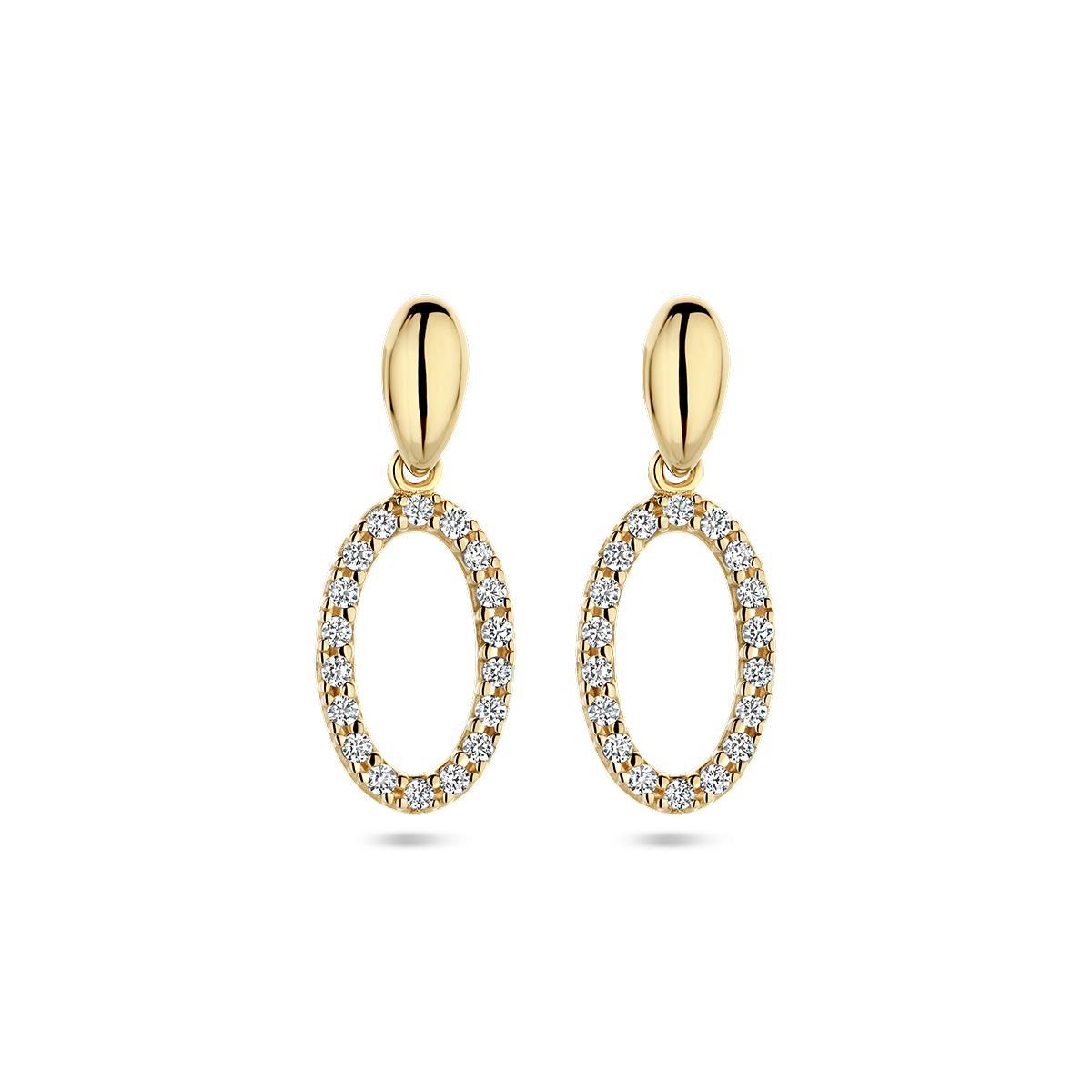 14k Geelgouden oorhangers uitgevoerd met zirkonia. De oorhangers hebben een totale hoogte van 20mm.