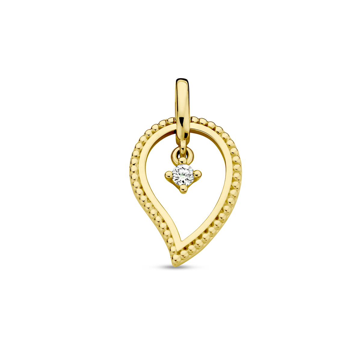 14k Geelgouden hanger uitgevoerd met diamant. De hanger heeft een totale hoogte van 22mm.