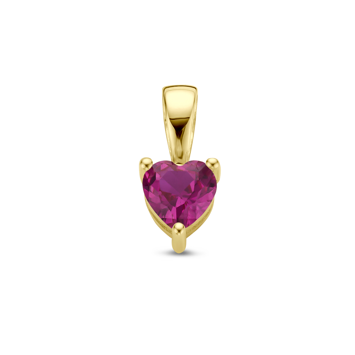 14k Geelgouden hanger met een synthetisch robijn in vorm van een hart.