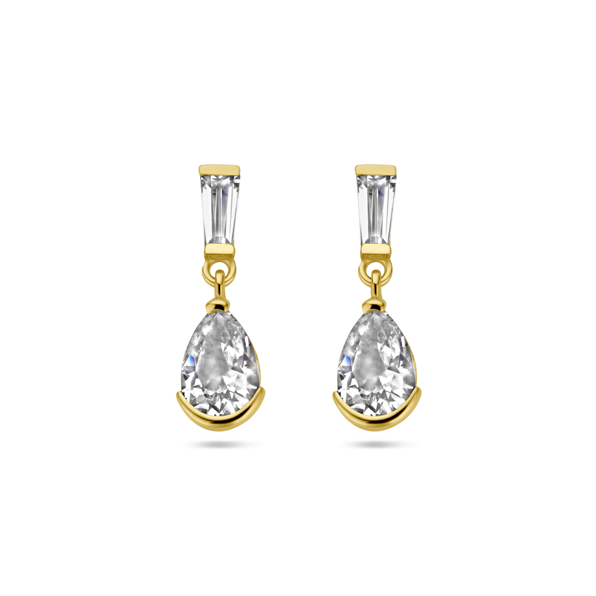 14k Geelgouden oorhangers uitgevoerd met zirkonia. De oorhangers hebben een totale hoogte van 14mm.