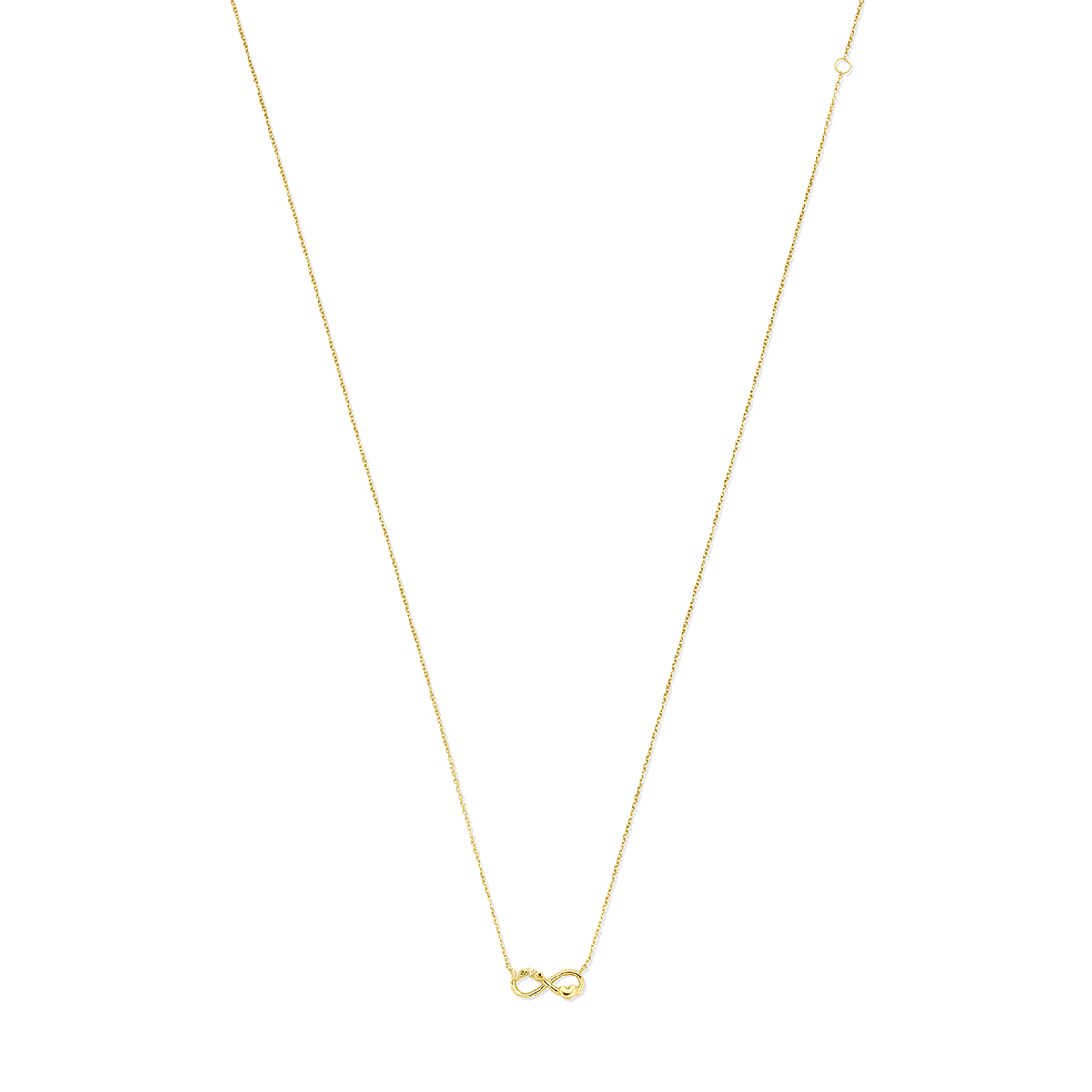 14k Geelgouden collier uitgevoerd met love tekst, hartje en een infinity. Het collier heeft een schakelbreedte van 1mm.