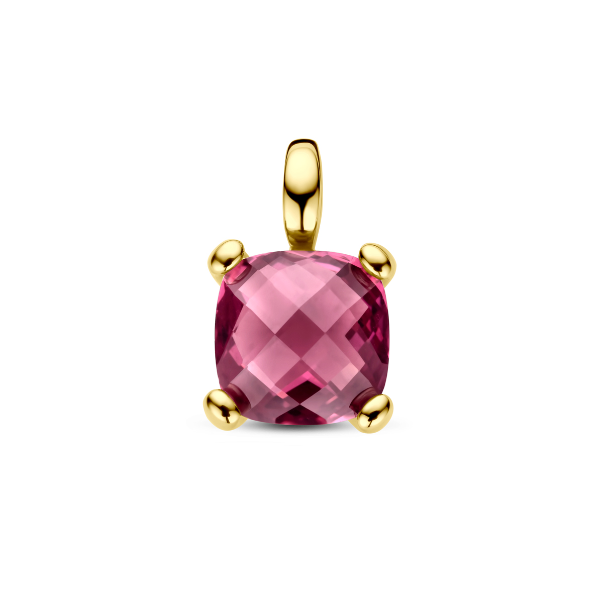 14k Geelgouden hanger uitgevoerd met roze rhodoliet. De hanger heeft een totale hoogte van 13.5mm.&nbsp;