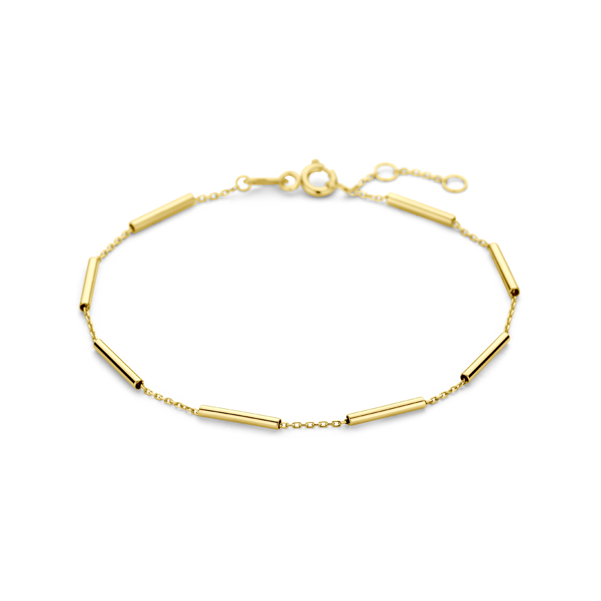 14k Geelgouden armband uitgevoerd met buisjes. De armband heeft draaglengtes van 17, 18 en 19cm. De schakelbreedte is 0.7mm.