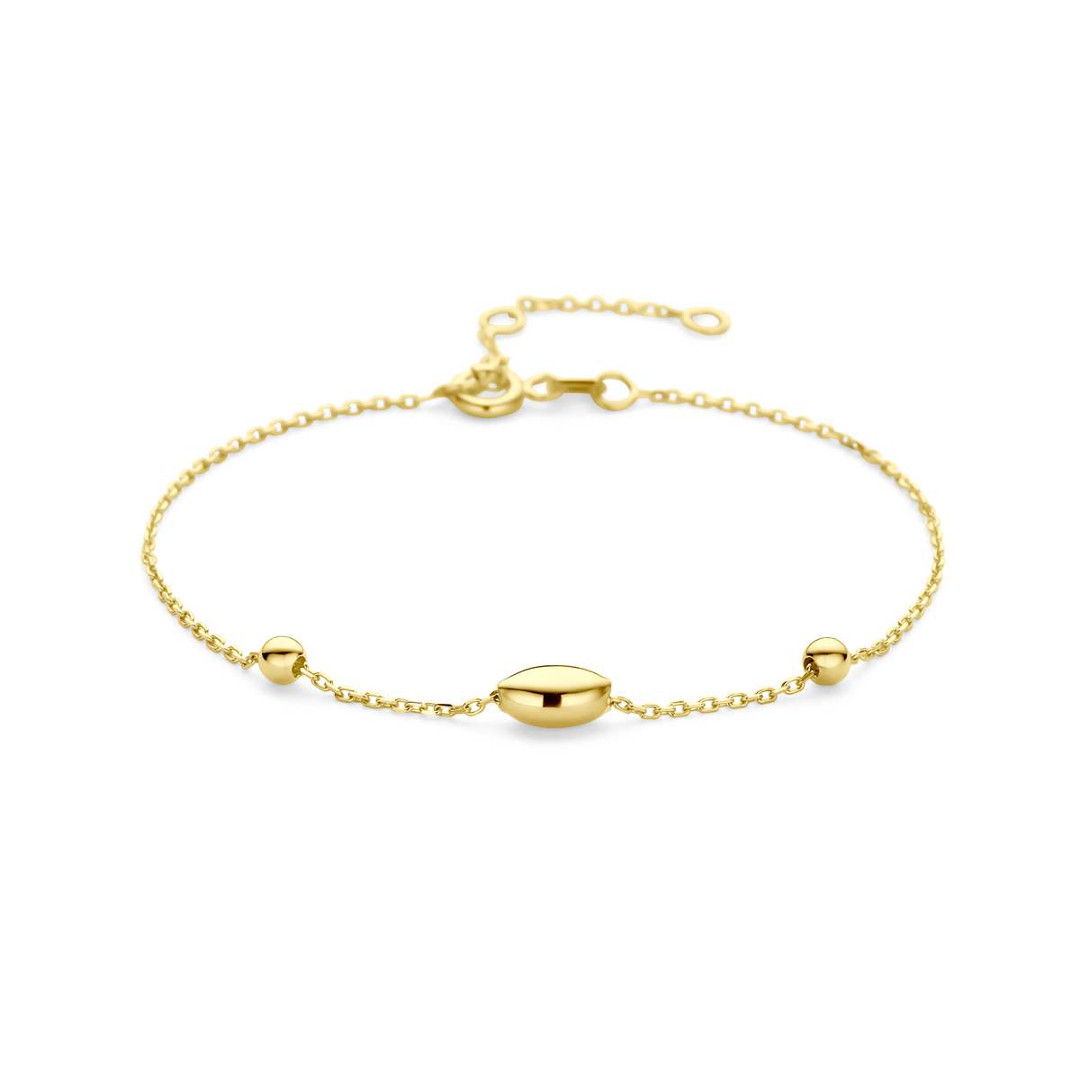 14k Geelgouden armband uitgevoerd met ovaaltje en bolletjes. De armband heeft draaglengtes van 16, 17,5 en 19cm.