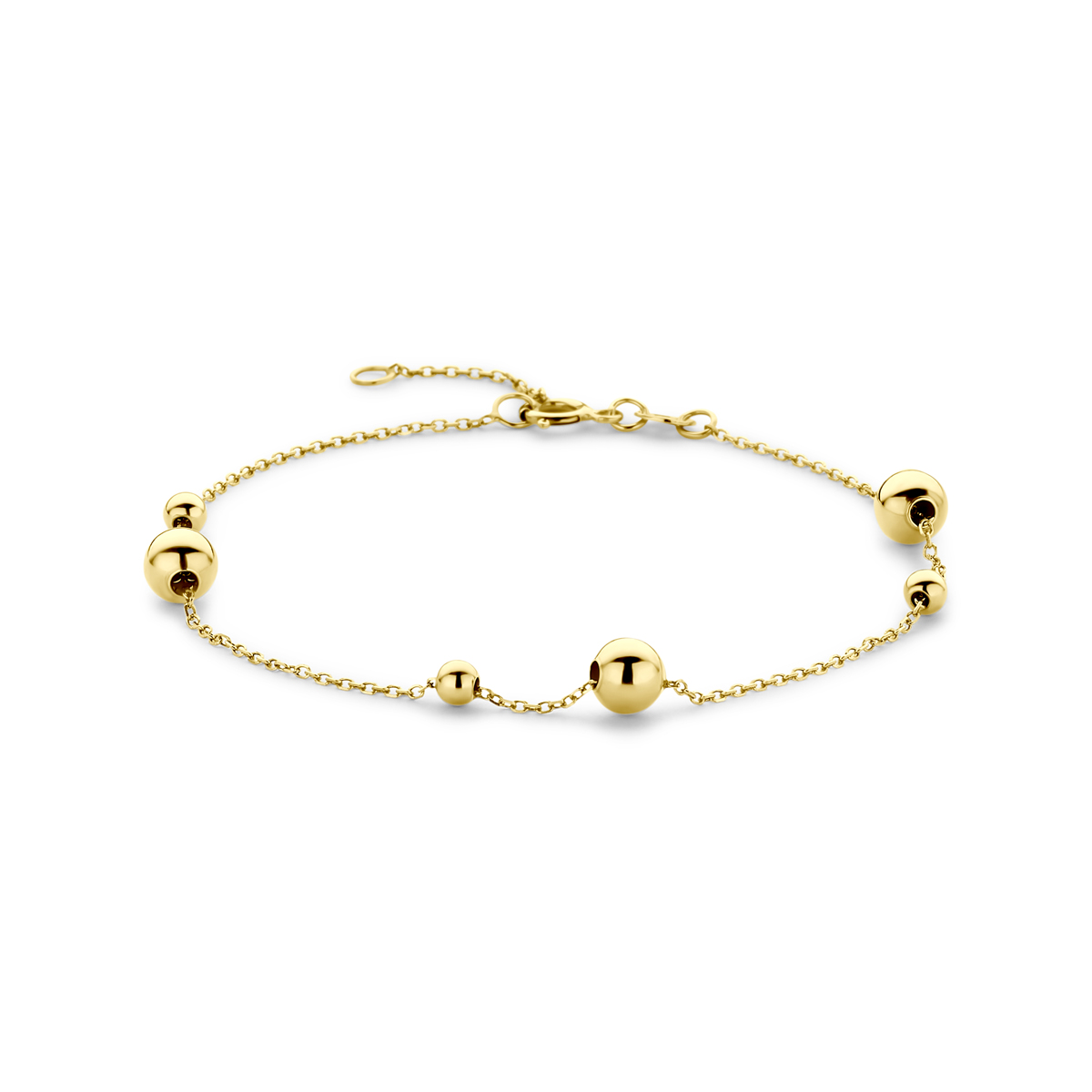 14k Geelgouden armband uitgevoerd met bolletjes. De armband heeft draaglengtes van 16.5-18.5mm.