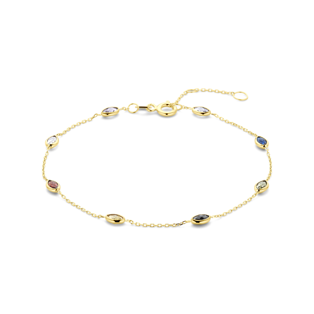 14k Geelgouden armband uitgevoerd met gekleurd zirkonia. De armband heeft draaglengtes van 16.5-17.5 en 18.5cm.