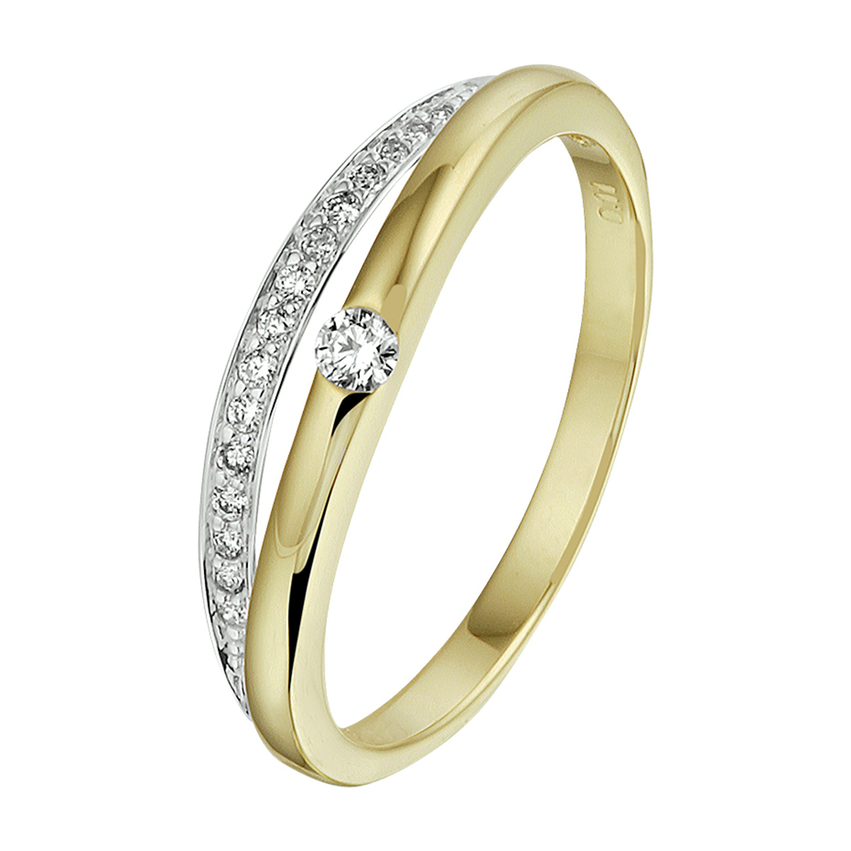 14k Bicolor geel- en witgouden ring uitgevoerd met schitterende diamanten. De ring heeft een breedte van 5mm.