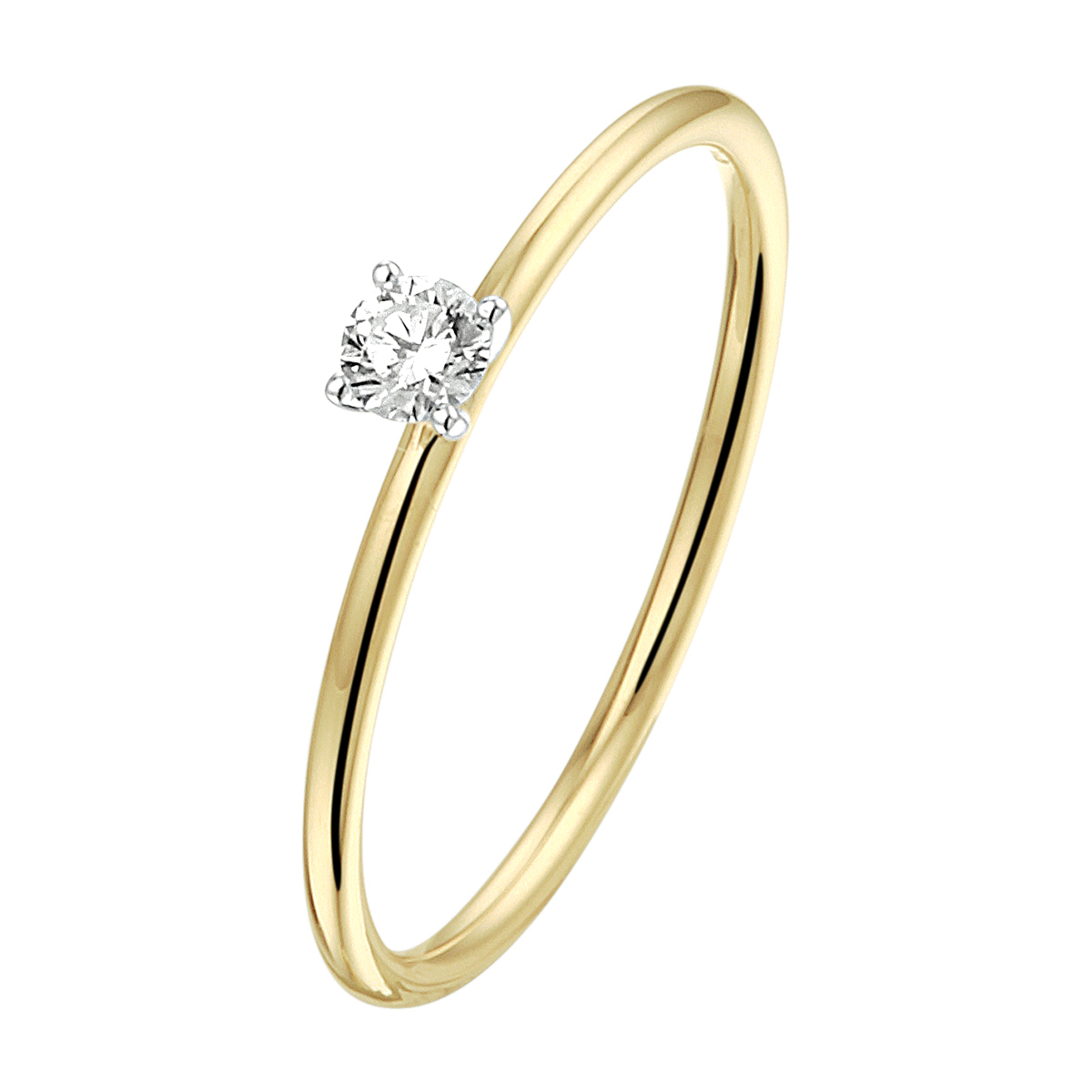14k Bicolor geel- en witgouden ring uitgevoerd met een schitterende diamant. De ring heeft een breedte van 3mm.