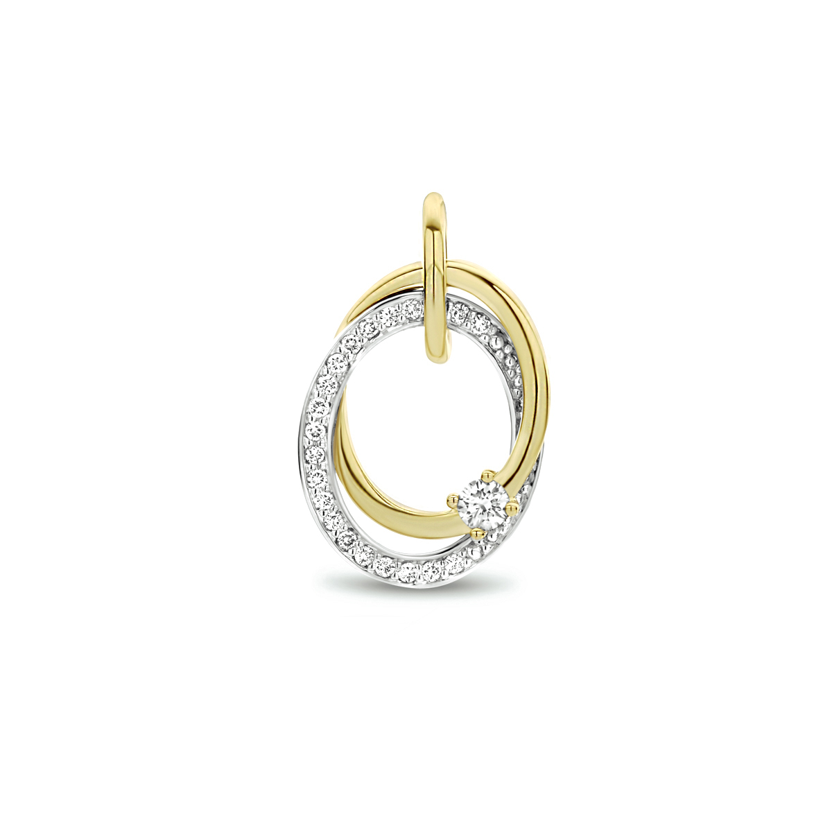 14k Bicolor geel- en witgouden hanger uitgevoerd met schitterend diamant. De hanger heeft een totale hoogte van 1.8cm en een breedte van 11.8mm.
