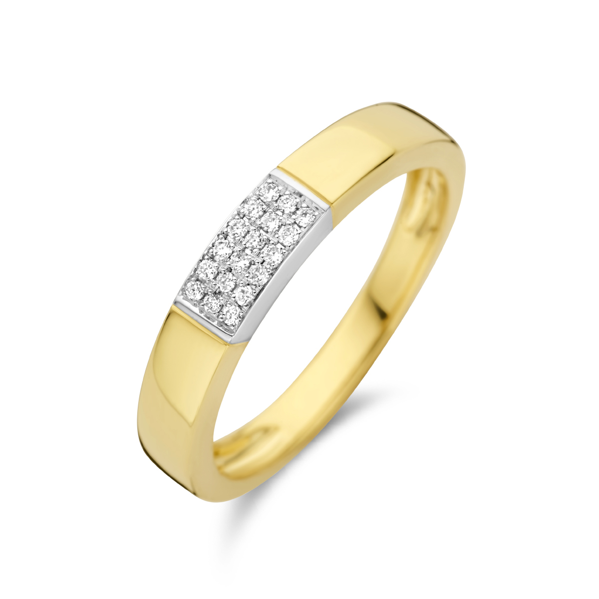 14 Karaat bicolor geel- en witgouden ring uitgevoerd met schitterende diamanten. De ring heeft een breedte van 3.5mm en een diamantgewicht van 0.07caraat H/SI.