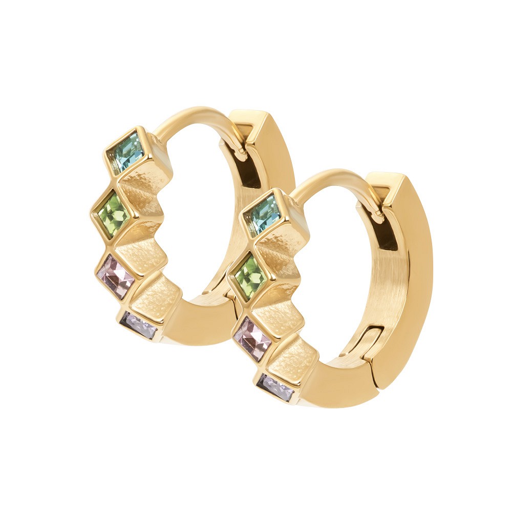 De iXXXi Hoops Blossom zijn gemaakt van stainless steel. De oorbellen zijn ringetjes van 12mm groot die je gemakkelijk kunt openen en in je oor kunt steken. Aan de voorkant van de ringetjes zitten vier multi-kleurige zirconias bevestigd.