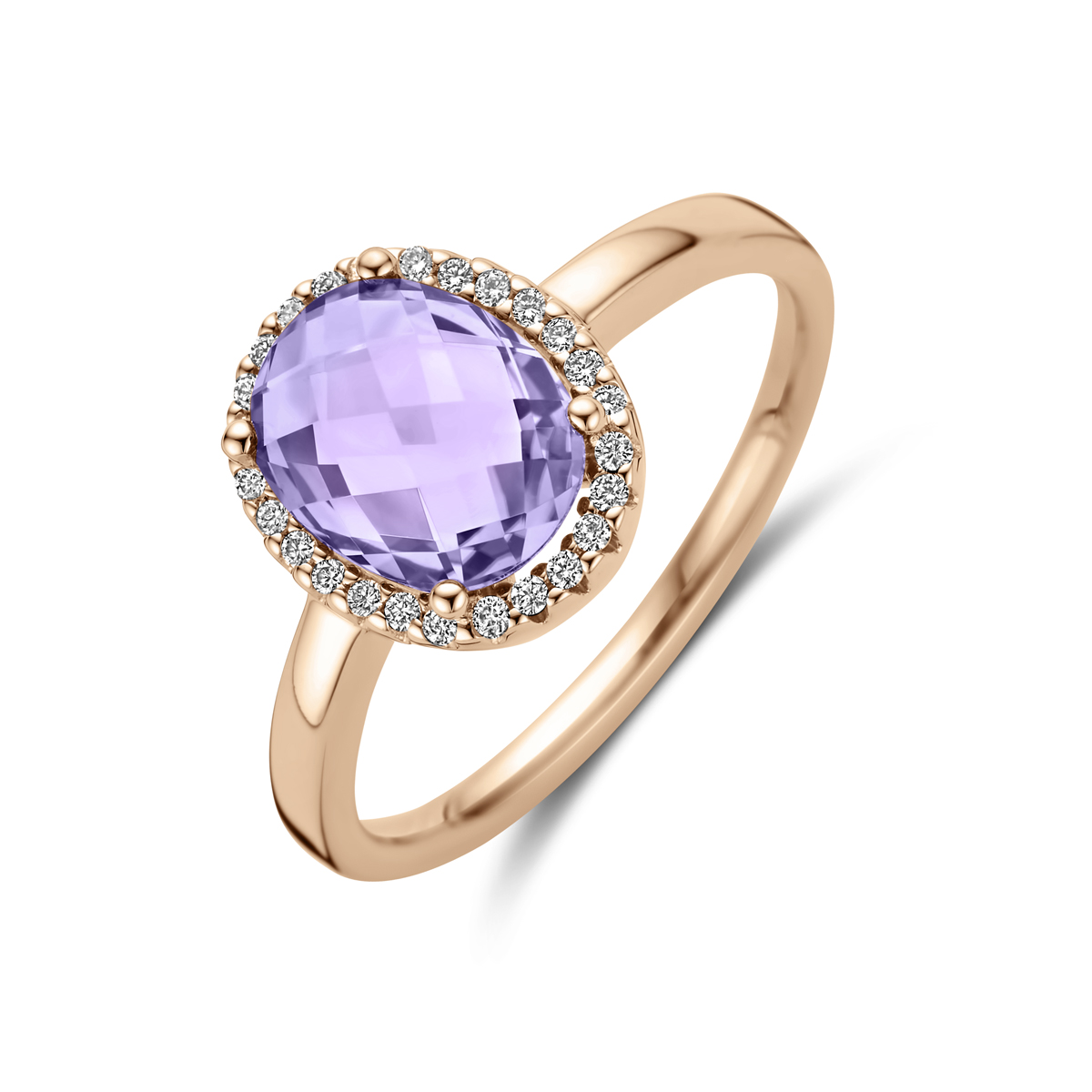 14k Roségouden ring uitgevoerd met amethist en diamant. De ring heeft een afmeting van 11.5x9.5mm. Het diamantgewicht is 0.10ct.