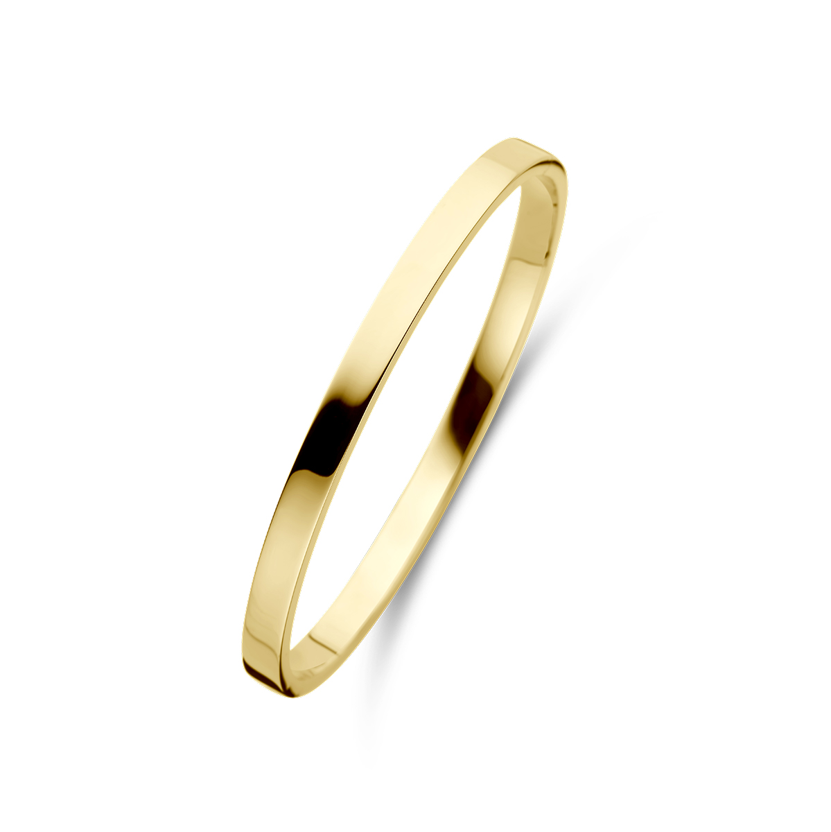 Silgold Bangle. Silgold sieraden van 14 karaat goud met daarin een kern van 925 zilver. Geelgouden bangle vlakke buis met scharnier-sluiting. 5 x 61 mm.