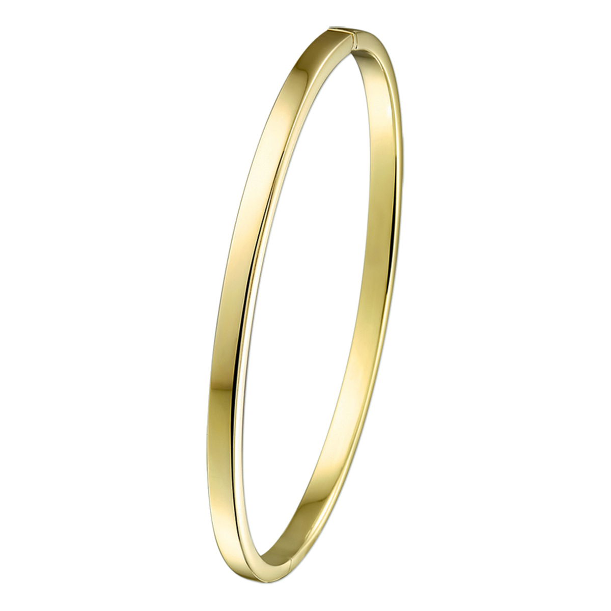 Silgold Bangle. Silgold sieraden van 14 karaat goud met daarin een kern van 925 zilver. Geelgouden bangle vlakke buis met scharnier-sluiting. 3x 61 mm.