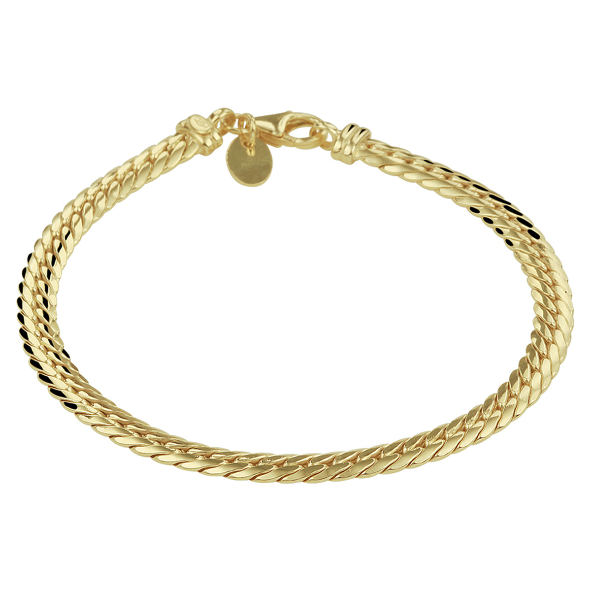 14k Geelgouden gourmet armband met daarin een kern van 925 zilver en uitgevoerd met een stevige karabijn sluiting. De armband heeft een schakelbreedte van 4.7mm en een draaglengte van 19cm.