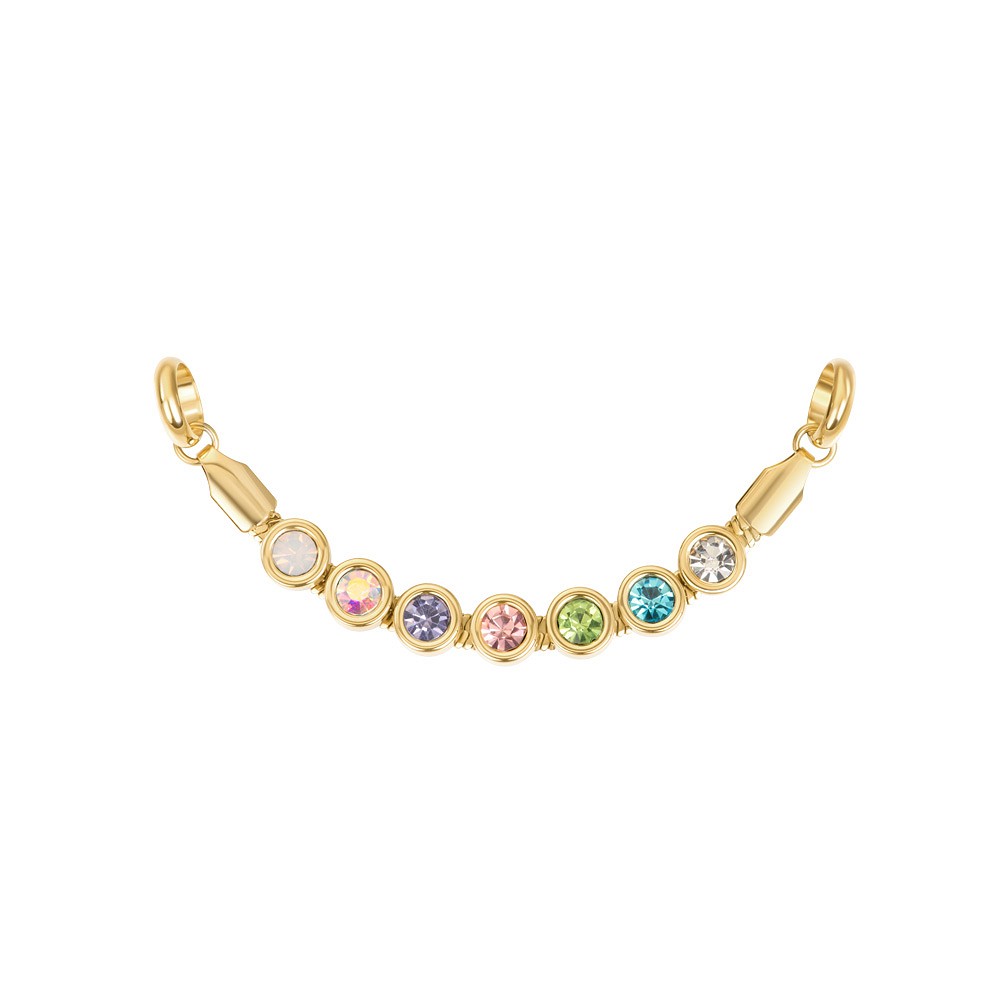 De ketting Britta Blossom sieraad van iXXXi Connect bestaat uit een fijne, platte schakel gemaakt van stainless steel. Op deze streng zijn ronde vormen bevestigd die zijn ingelegd met verschillende pastelkleurige steentjes.