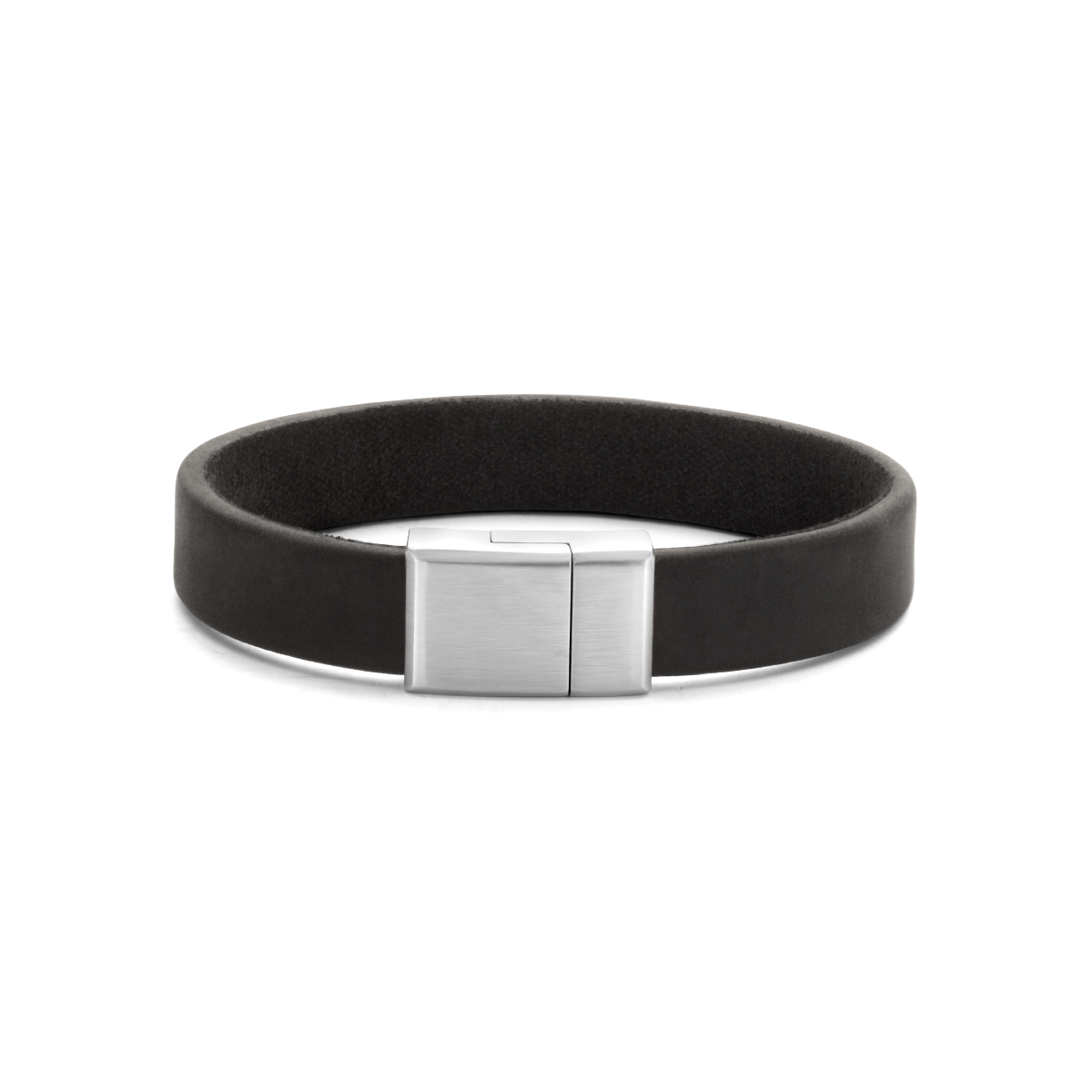 Zwart leren armband uitgevoerd met een stalen magneetsluiting. De armband heeft een breedte van 12mm.
