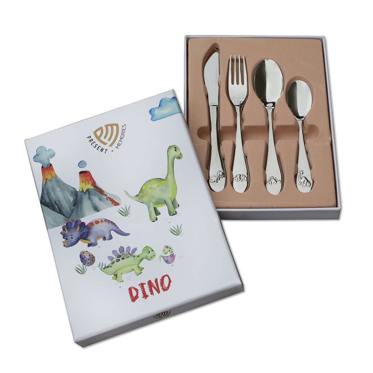 Stalen kinderbestek in een 4-delige set. De set bestaat uit: een mes van 190x18mm, een vork van 172x22mm, een lepel van 170x34mm en een dessertlepel van 140x28mm.