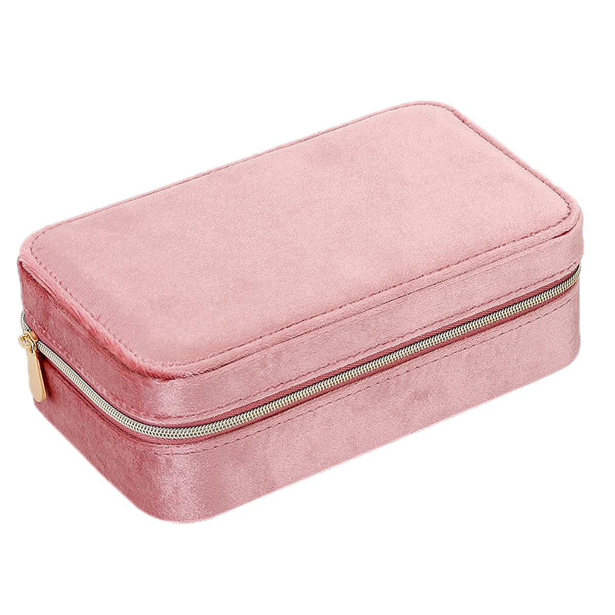 Luxe sieradenbox in de kleur roze uitgevoerd met een goudkleurige rits sluiting en verschillende vakjes. Een compacte box om verschillende sieraden in op te bergen.
