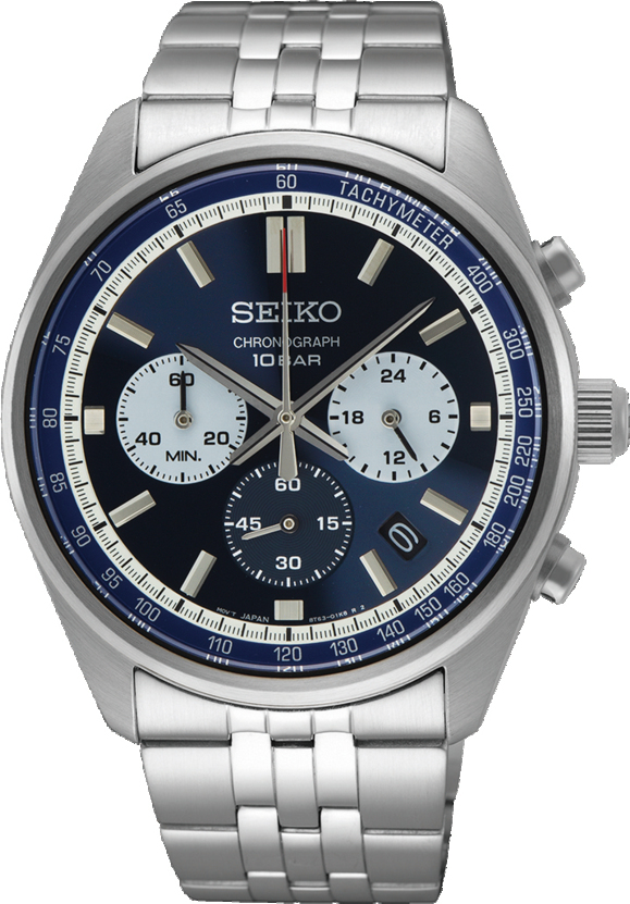 Dit is een herenhorloge van het merk Seiko. Het is een chronograaf horloge gemaakt van staal. De diameter van de kast is 41.5 mm en de kast is 12.1 mm dik.
De verdere specificaties van het horloge zijn als volgt:
Kastvorm: rond
Kastkleur: zilverkleurig
Kastmateriaal: staal
Bandbreedte: 22 mm
Bandlengte: 256.5 mm
Sluiting: vouwsluiting met drukker
Wijzerplaatkleur: blauw
Glassoort: hardlex mineraal glas
Waterdichtheid: 10 ATM
Techniek: quartz