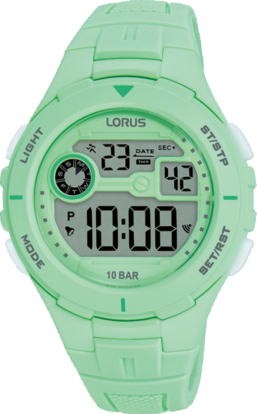 Dit is een herenhorloge van het merk Lorus. Het is een digitaal horloge gemaakt van kunststof. De diameter van de kast is 36 mm en de kast is 13 mm dik.
De verdere specificaties van het horloge zijn als volgt:
Kastvorm: rond
Kastkleur: groen
Kastmateriaal: kunststof
Bandbreedte: 19 mm
Bandlengte: 231 mm
Sluiting: gesp
Wijzerplaatkleur: groen
Glassoort: acryl glas
Waterdichtheid: 10 ATM
Techniek: quartz