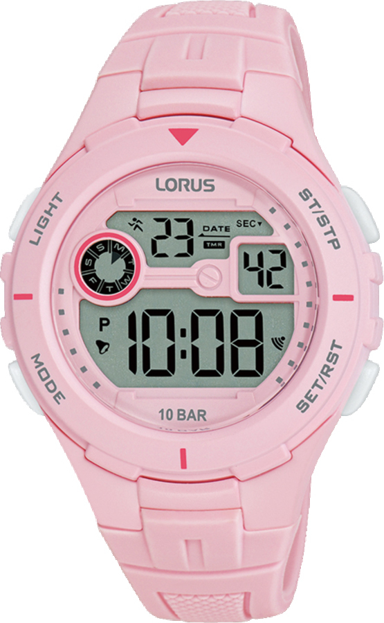 Dit is een herenhorloge van het merk Lorus. Het is een digitaal horloge gemaakt van kunststof. De diameter van de kast is 36 mm en de kast is 13 mm dik.
De verdere specificaties van het horloge zijn als volgt:
Kastvorm: rond
Kastkleur: roze
Kastmateriaal: kunststof
Bandbreedte: 19 mm
Bandlengte: 231 mm
Sluiting: gesp
Wijzerplaatkleur: roze
Glassoort: acryl glas
Waterdichtheid: 10 ATM
Techniek: quartz
