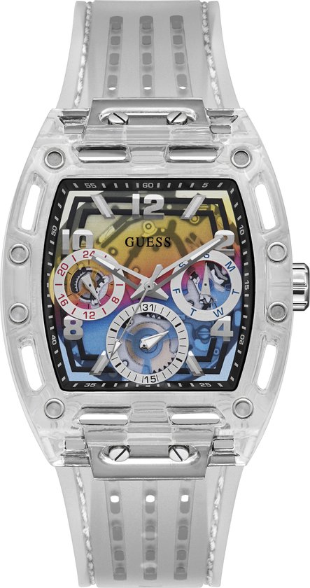 Dit opvallende herenhorloge van Guess uit de Phoenix collectie is een must-have voor de moderne man. Met een betrouwbaar quartz uurwerk en waterdicht tot 5 ATM, is het perfect voor dagelijks gebruik. De veelkleurige wijzerplaat, afgedekt met mineraalglas, biedt een heldere weergave. De roestvrijstalen kast heeft een diameter van 4 mm, terwijl de transparante siliconen band van 28 mm voor comfort zorgt. 