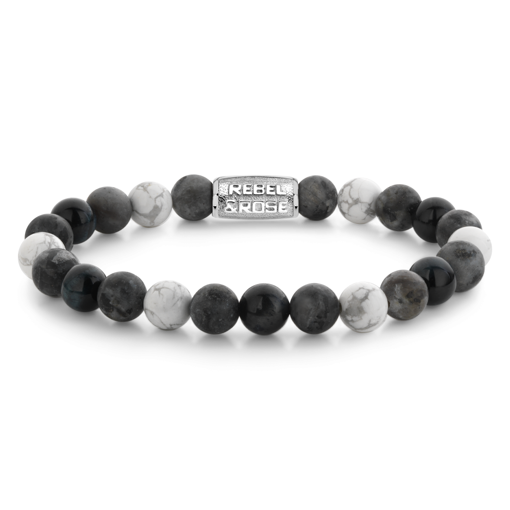 Armband van het merk Rebel & Rose. De armband heeft een hoogwaardige elastische stretch koord, met 8mm van Larvikiet, Howliet, Tijgeroog.