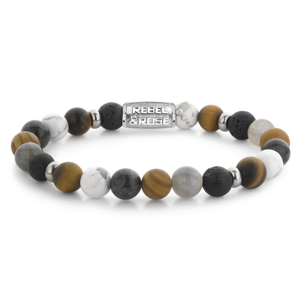 Armband van het merk Rebel & Rose. De armband heeft een hoogwaardige elastische stretch koord, met 8mm van Agaat, Larvikiet, Lavasteen, Jaspis, Fossil.