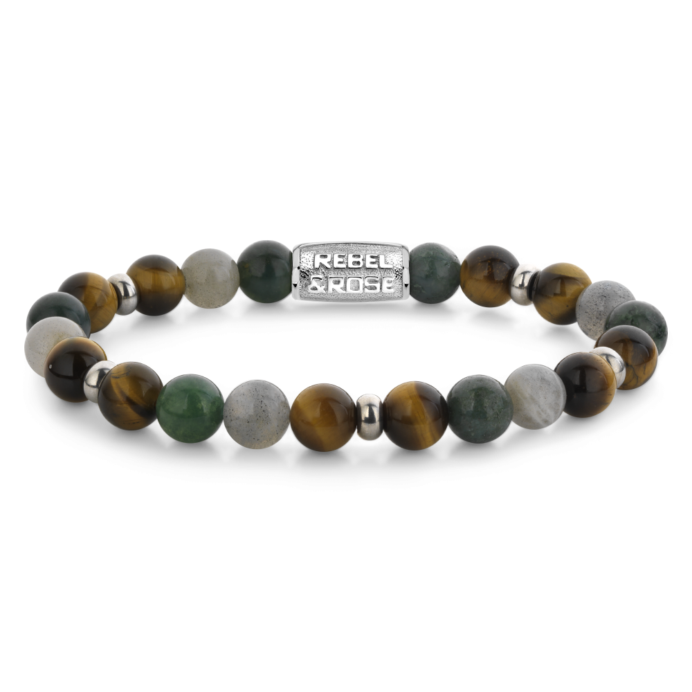 Armband van het merk Rebel & Rose. De armband heeft een hoogwaardige elastische stretch koord, met 8mm van Agaat, Larvikiet, Lavasteen, Jaspis, Fossil.