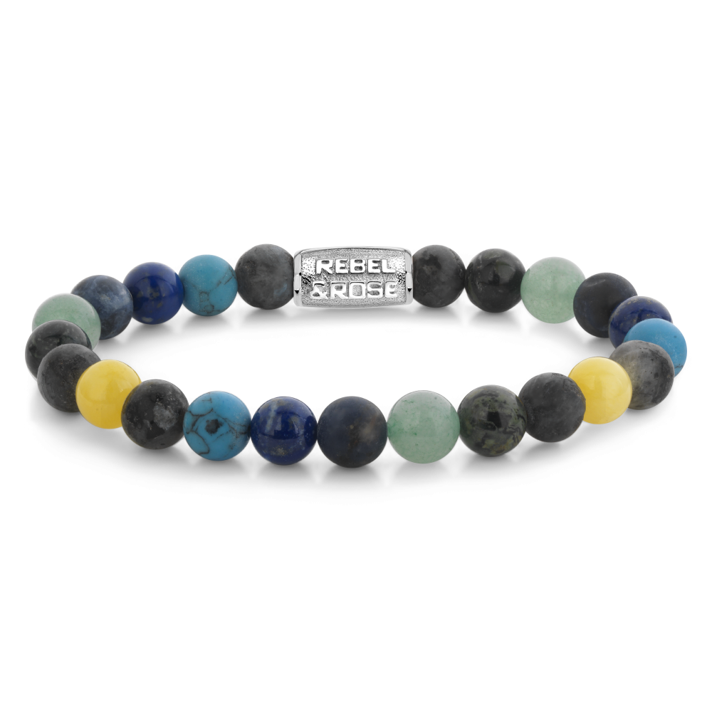 Armband van het merk Rebel & Rose. De armband heeft een hoogwaardige elastische stretch koord, met 8mm van Agaat, Larvikiet, Lavasteen, Jaspis, Fossil.