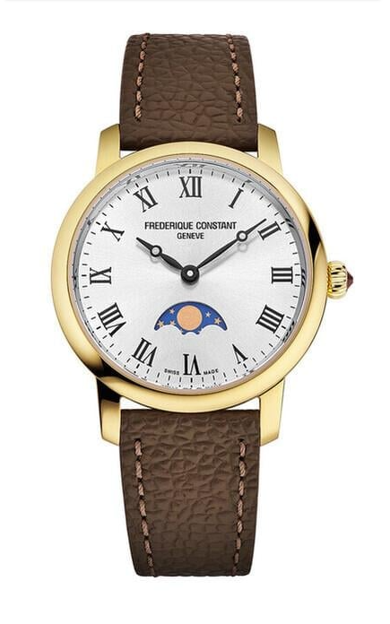 Dit Frederique Constant horloge behoort tot de Slimline Moonphase collectie.
Referentienummer: FC-206RS1S5 

Dit Frederique Constant horloge is uitgerust met een Zwitsers quartz uurwerk. De goudkleurige kast is gemaakt van edelstaal. De bruine lederen band is voorzien van een goudkleurige gesp. De witte wijzerplaat is voorzien van romeinse cijfers als uuraanduidingen en is versierd met een chique moonphase op 6-uur. Het horloge is voorzien van saffierglas en is getest op een waterdichtheid van 3 ATM / 30 M.