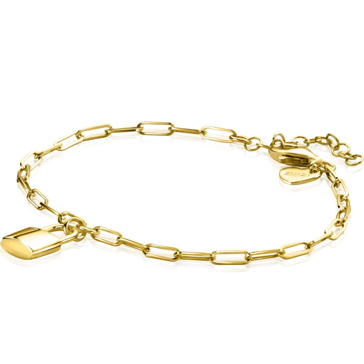 ZINZI gold plated zilveren paperclip schakelarmband met trendy slotje als bedeltje 16,5-19,5cm