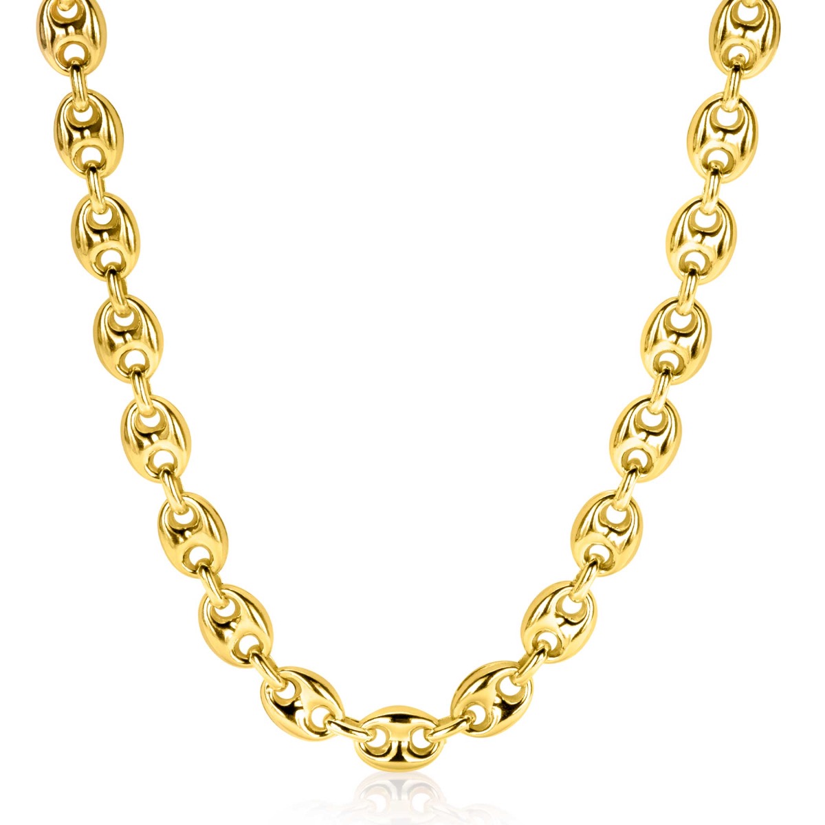 ZINZI gold plated zilveren brede koffieboon schakelketting 45cm van 8mm breed. De lengte van de ketting is te variëren tussen 42 en 45cm door het handige verlengkettinkje. Bij sluiting herkenbaar ZINZI, door het zilveren Zinzi hartje. Vervaardigd van eerste gehalte zilver (925) en voorzien van een extra 14K geel vergulding.