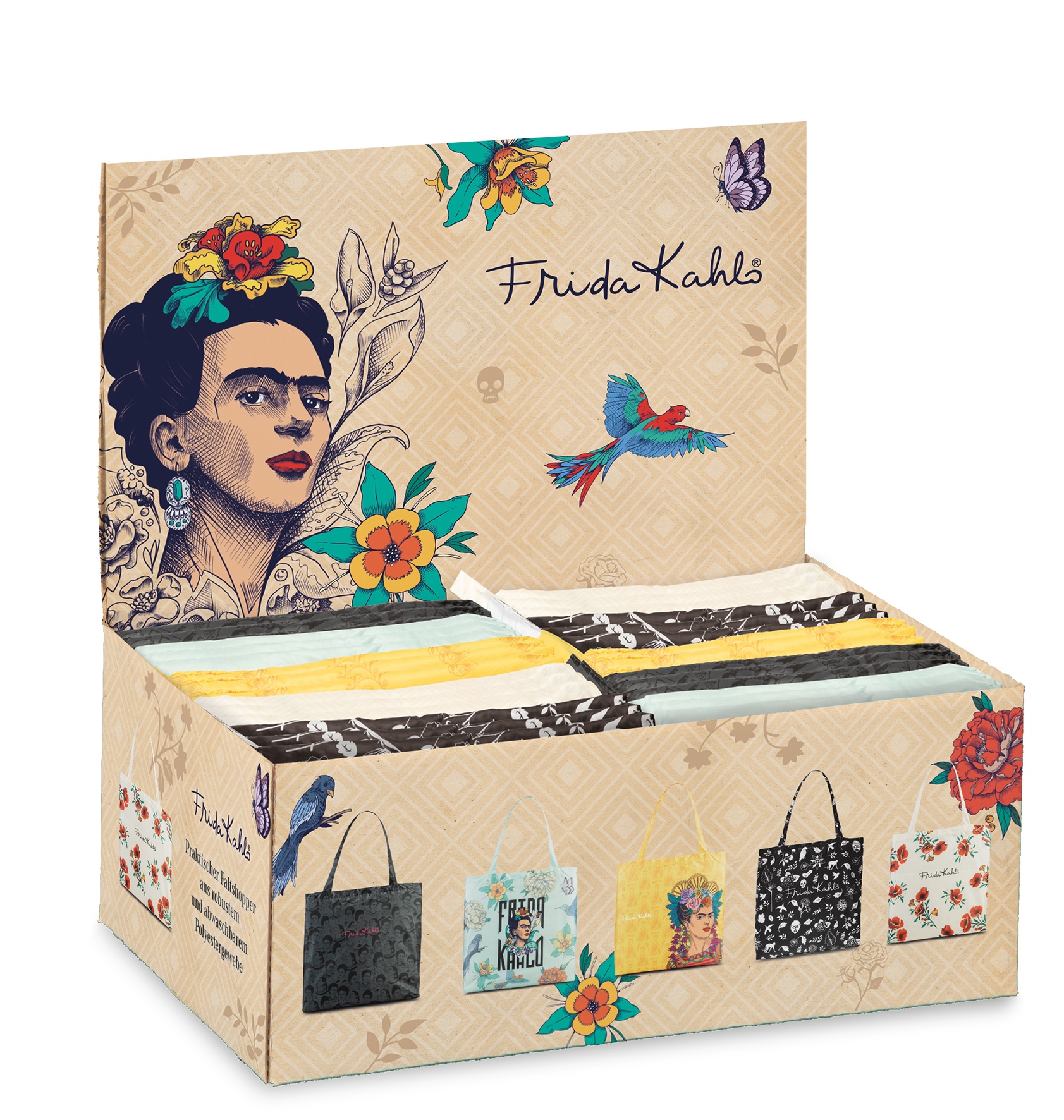 De Frida Kahlo XXL vouwbare shopper, modelnummer 62217-9900, is een ruime en stijlvolle schoudertas. Ideaal voor dagelijks gebruik en boodschappen. Draag hem over je schouder voor optimaal comfort en een modieuze uitstraling. De tas combineert functionaliteit met artistieke flair, geïnspireerd door Frida Kahlo's iconische kunstwerken, waardoor hij een statement maakt in elke garderobe.
Er zijn maar liefst vier verschillende prints