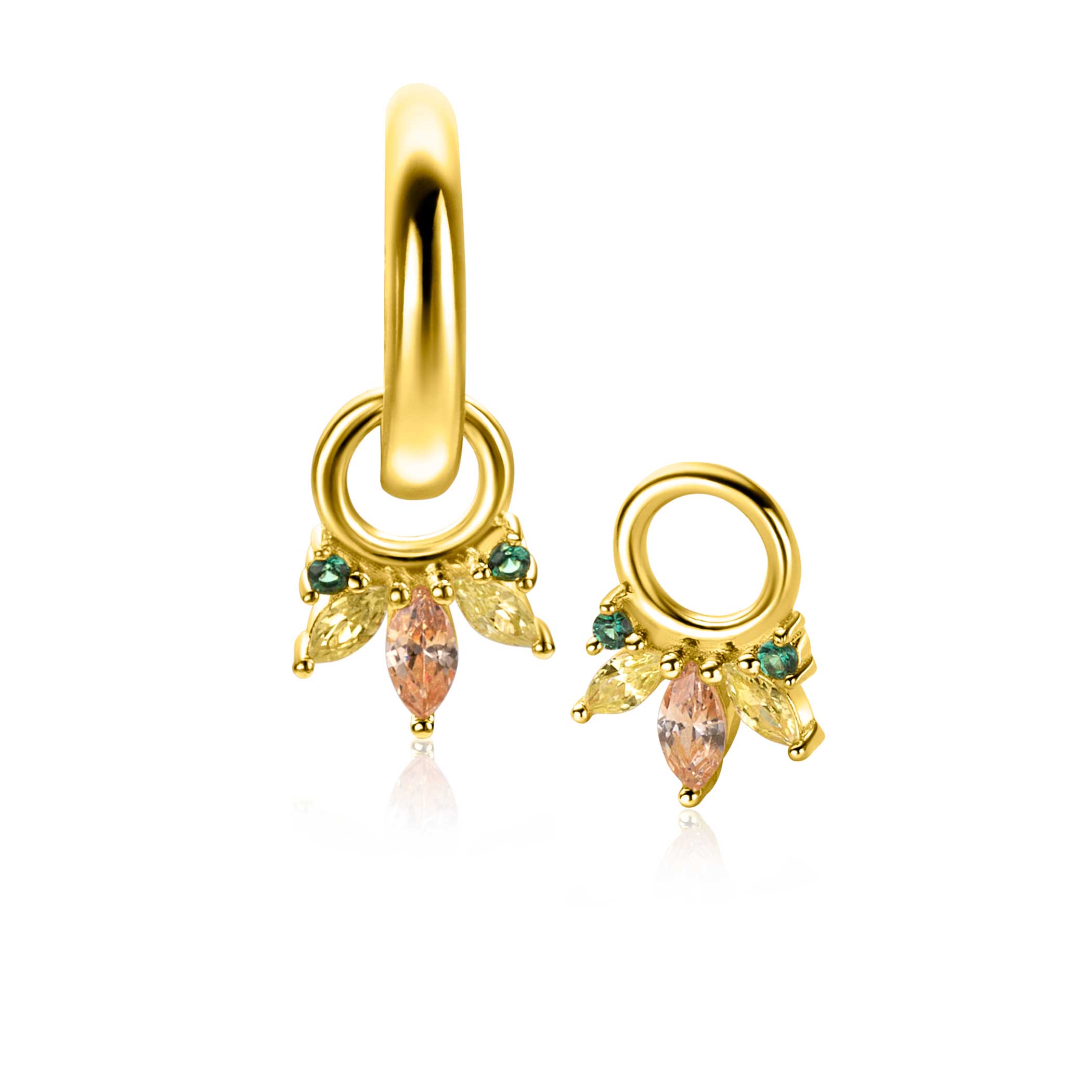 ZINZI gold plated zilveren oorbedels (10mm) met vijf speelse zettingen in aflopende grootte, bezet met champagne, peridot en donkergroene kleurstenen. Hang deze oorbedels sierlijk aan je zilveren ZINZI oorringen voor een mooi effect. De oorringen zijn niet bij de prijs inbegrepen. Vervaardigd van eerste gehalte zilver (925) en extra geel verguld.