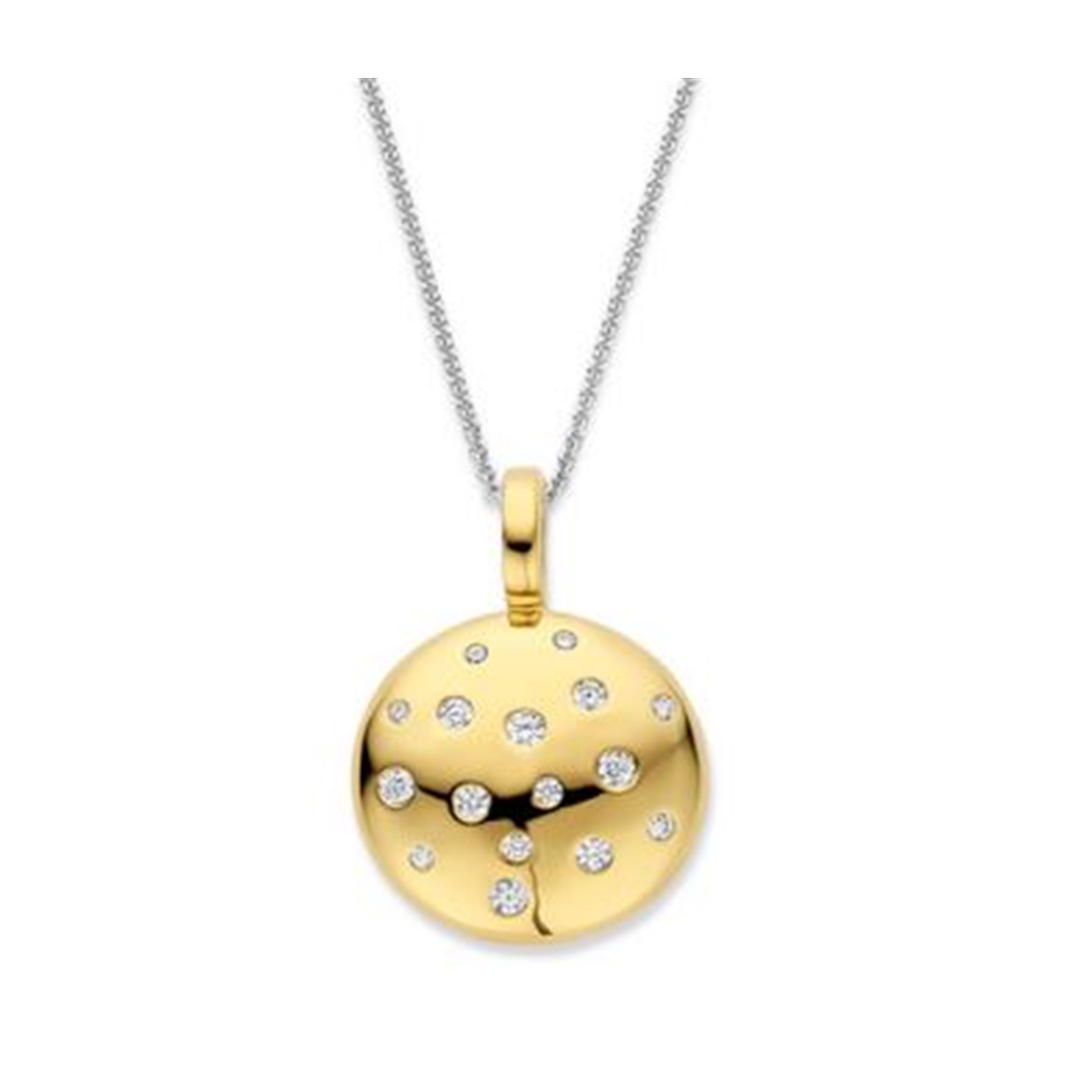 aat je sieraden stralen met kosmische schittering met de TI SENTO vergulde stardust hanger 6844ZY. Gemaakt van hoogwaardig 925 sterling zilver en verguld, is deze gepolijste hanger gedecoreerd met fonkelende witte cubic zirconia, die de magie van een sterren verlichte nachtelijke hemel vastleggen. De delicate rangschikking van glinsterende stenen bootst de schoonheid van fonkelende sterren na, wat een etherische elegantie toevoegt aan elke look. De hanger wordt geleverd met een sierlijke zilveren collier van 45 cm. Ontworpen voor moeiteloze veelzijdigheid, hangt deze hanger aan een vergulde clipring, waardoor je haar aan je favoriete kettingen kunt bevestigen en je stijl kunt personaliseren. Nikkelvrij en hypoallergeen, het zorgt voor luxueus comfort bij elk draagmoment.