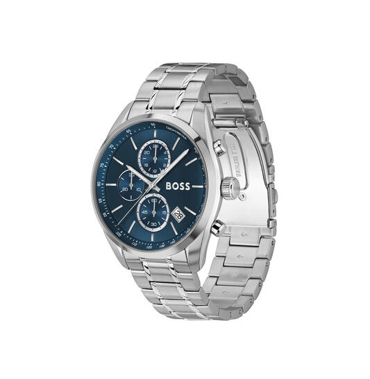 Herenhorloge Boss Grand Prix, volledig vervaardigd uit staal in een zilverkleurige afwerking. Het horloge heeft een opvallende blauwe wijzerplaat en een kastdiameter van 44 mm. Met een waterbestendigheid van 5 ATM is het horloge geschikt voor dagelijks gebruik. De band is 22 mm breed en sluit met een praktische sluiting, waardoor het horloge zowel stijlvol als functioneel is. Perfect voor de man die houdt van een moderne, verfijnde look.