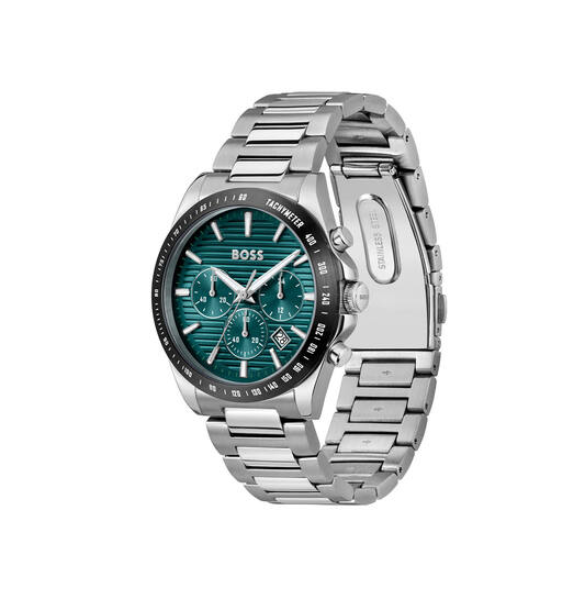 Herenhorloge Boss Strike Chrono, uitgevoerd in zilverkleurig staal. Dit horloge heeft een stijlvolle groene wijzerplaat en een diameter van 41 mm. Het is waterbestendig tot 5 atm, ideaal voor dagelijks gebruik. Het strakke ontwerp en de tijdloze uitstraling maken dit horloge een perfecte keuze voor elke gelegenheid.