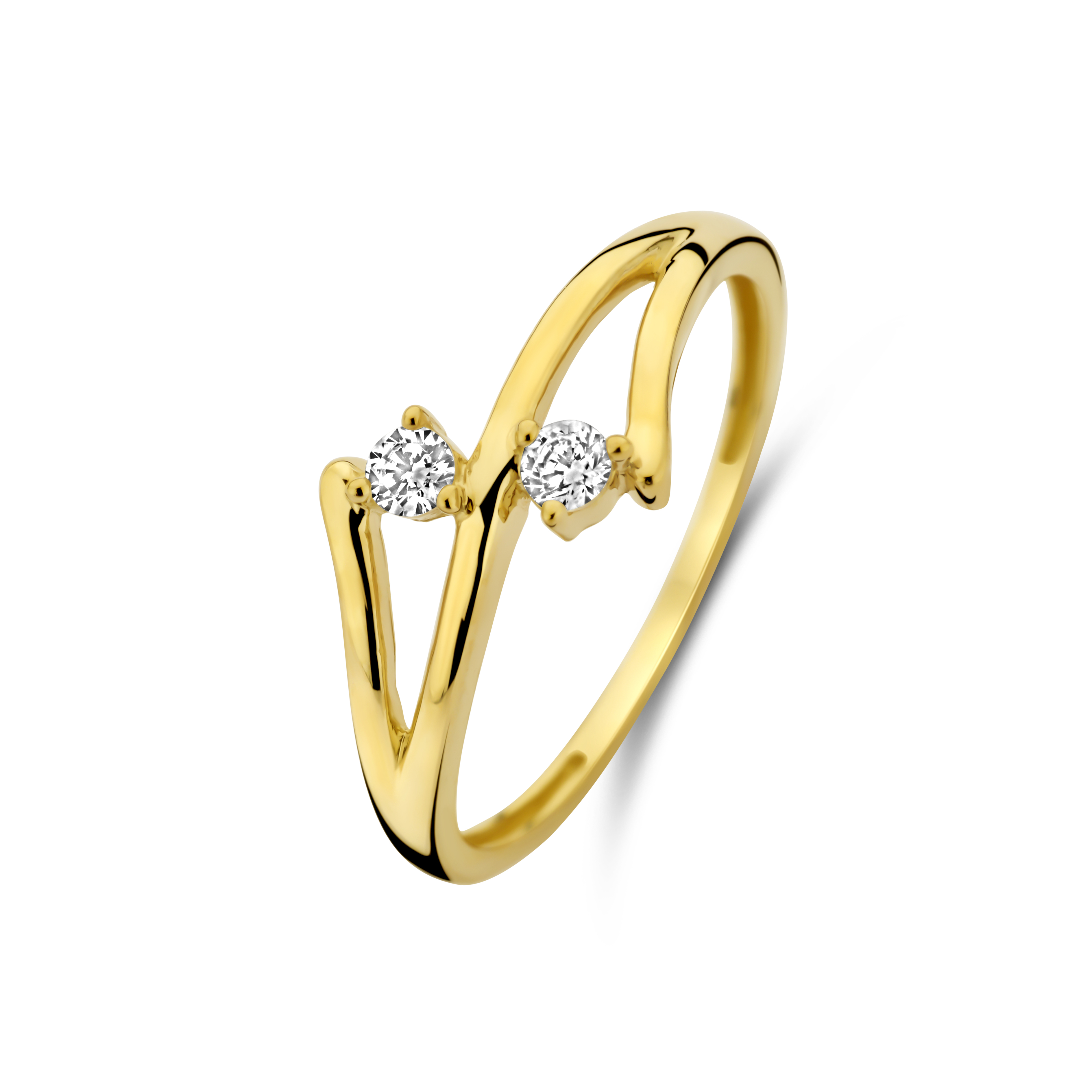 gouden J&J ring, opengewerkt+2 zirconias mt18