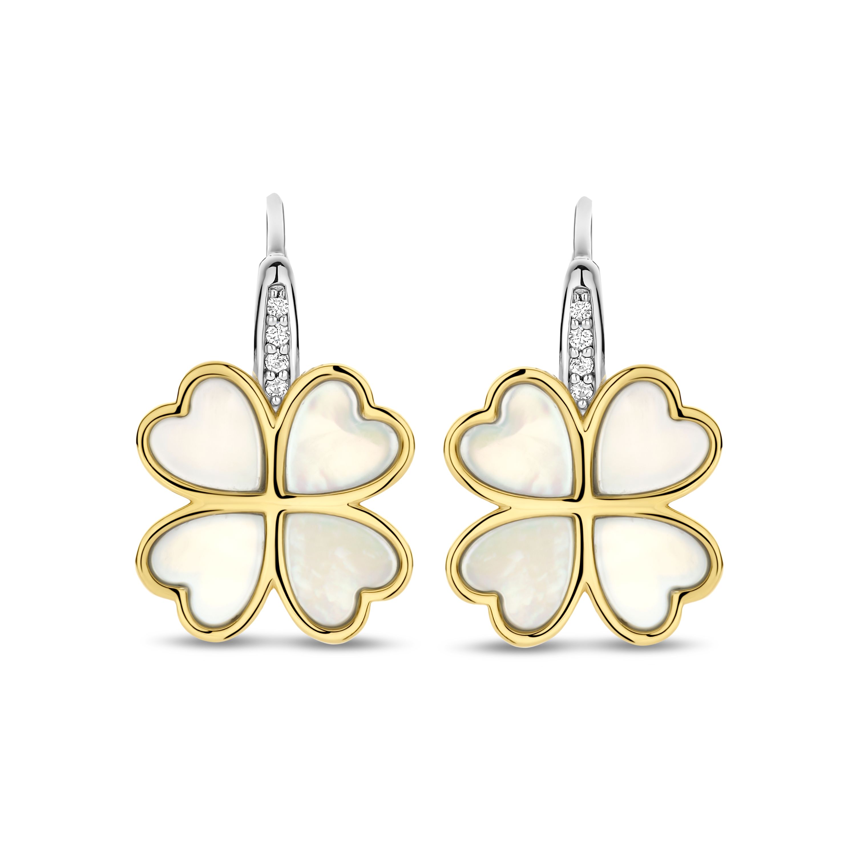 Ti Sento Milano - Zilveren/parelmoeren Klavertje 4 oorhangers, bicolor geel verguld/zilver  - 78005MW